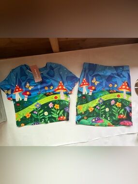 SHEIN Blue & Green Mushroom Crop Top and Skirt Set